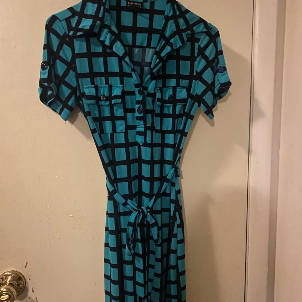 Enfocus Studio Teal Grid Shirt Dress with Self-Tie Waist